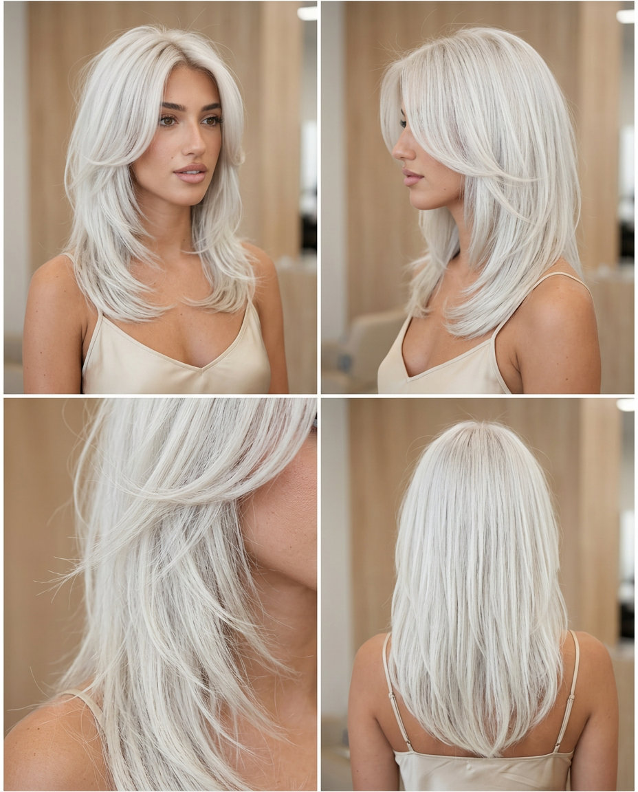 Icy Platinum Butterfly Haircut 2026 long butterfly haircut with icy platinum blonde, textured layers and face-framing layers for summer