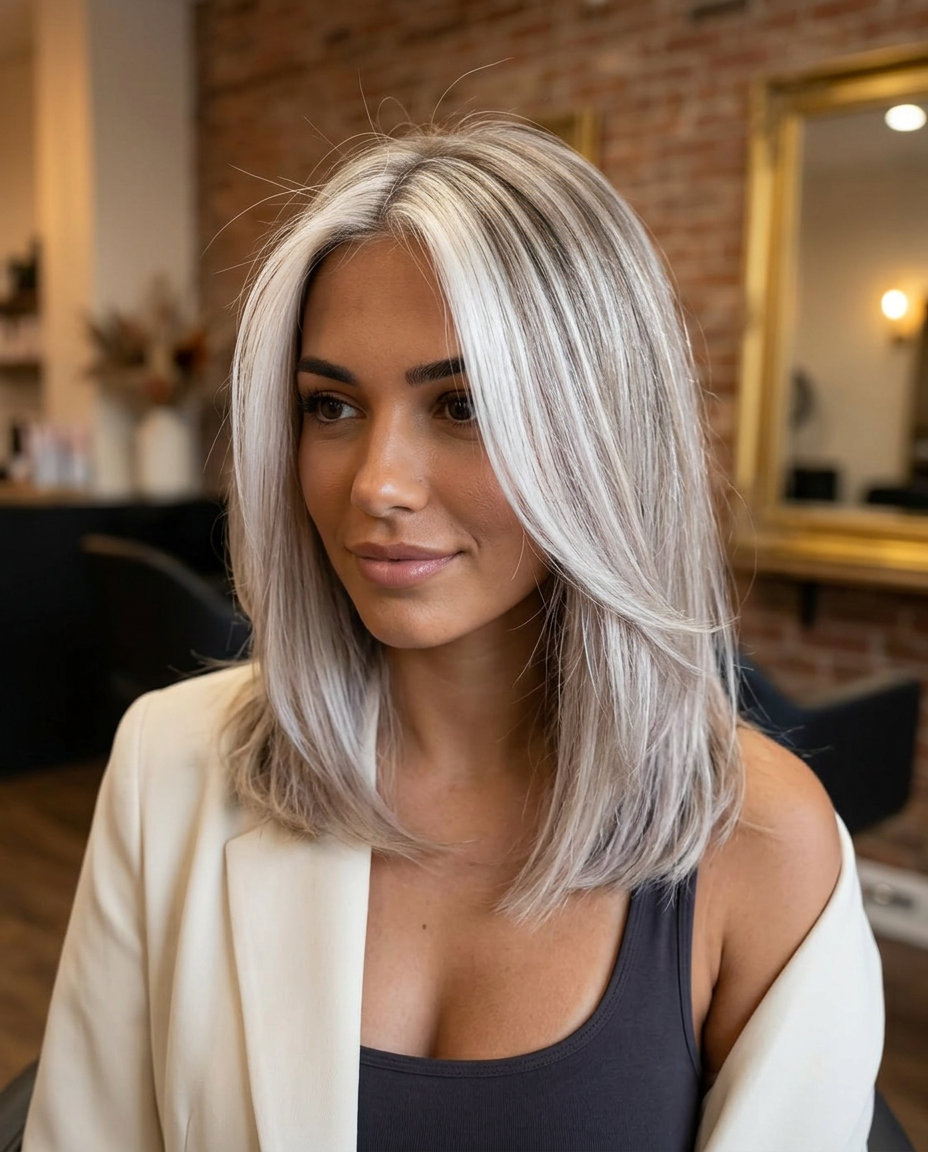 long icy platinum hairline highlights with cool blonde base, edgy style