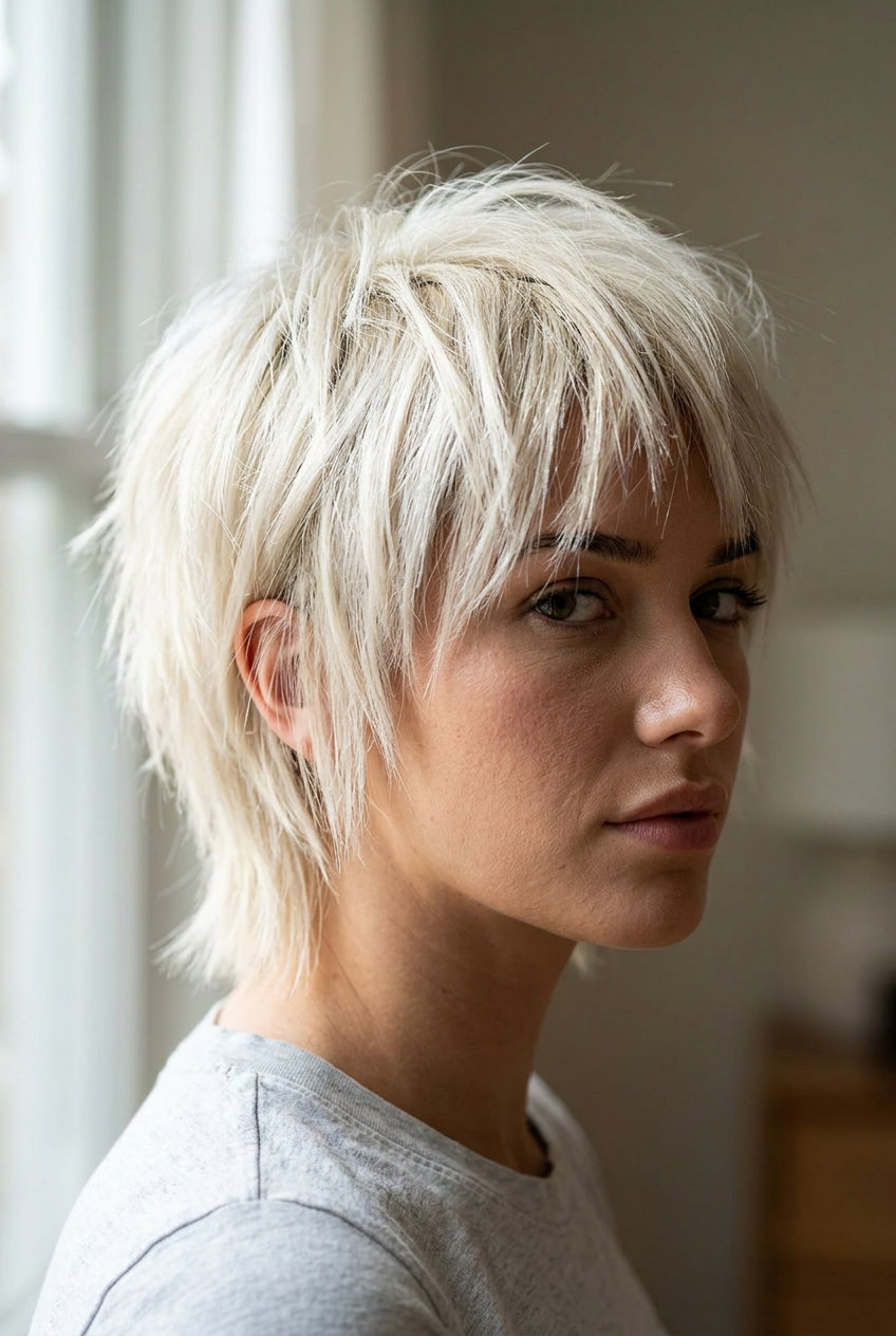 ultra-short icy platinum pixie shag with violet toner and choppy texture for edgy style