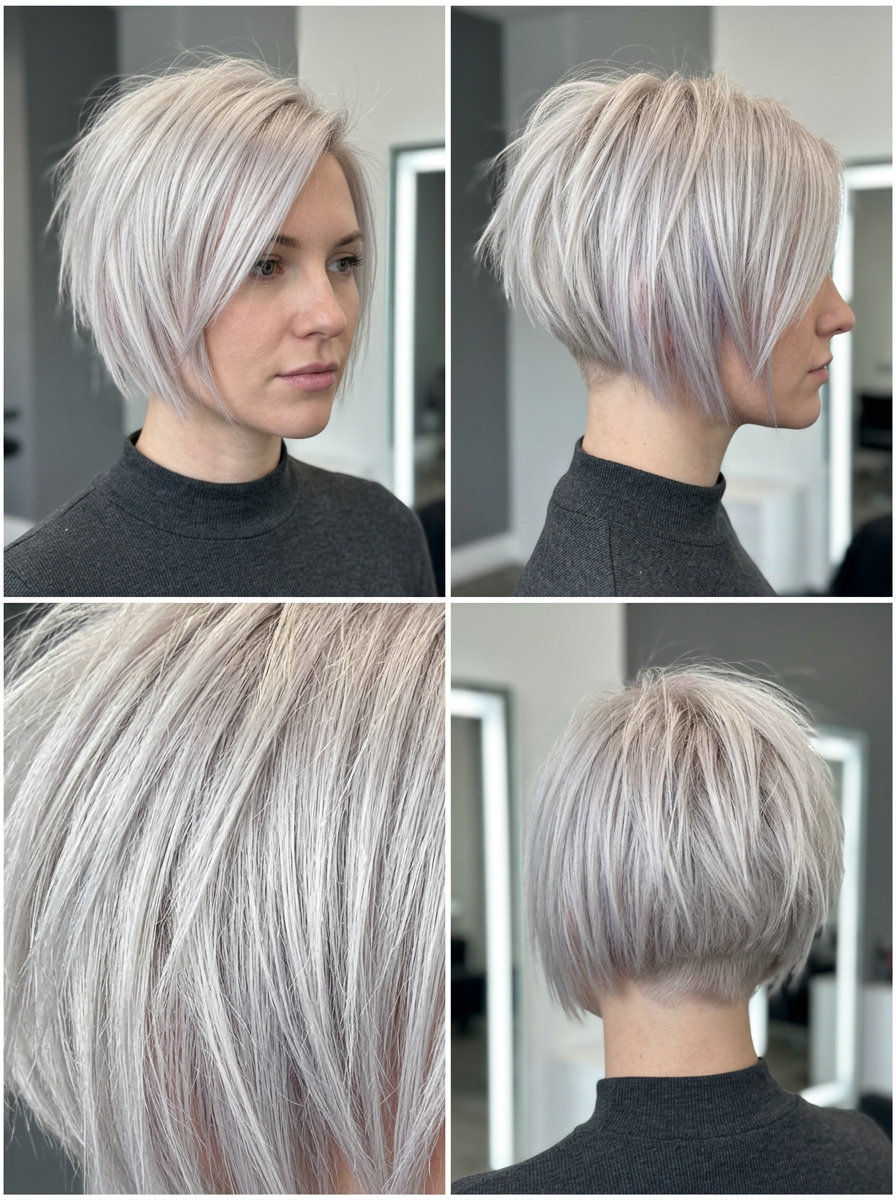 Icy Platinum French Bob 2026 very short french bob haircut in icy platinum blonde with violet toner, razored ends, undercut nape — bold rebellious