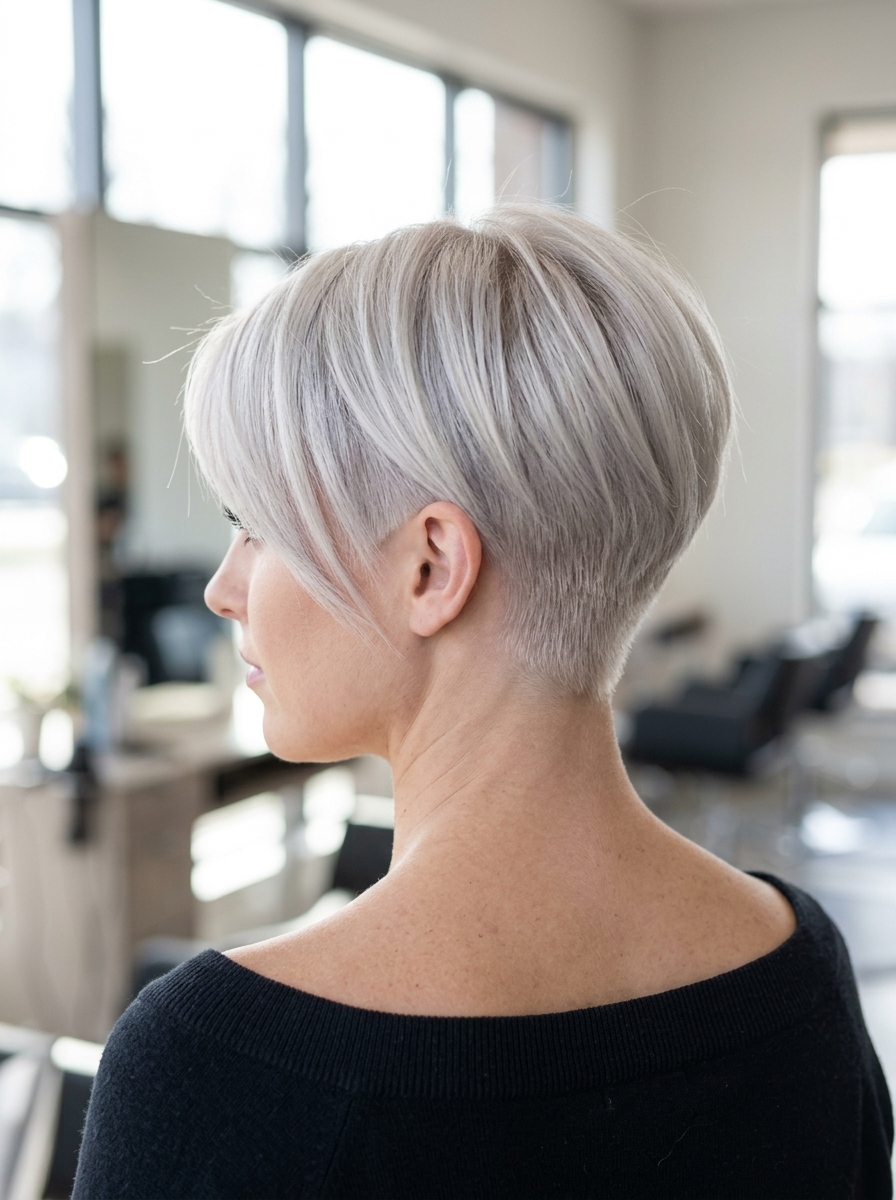 Icy Platinum Pixie Haircut 2026 very short icy platinum pixie haircut with textured layers and side-swept fringe for round face