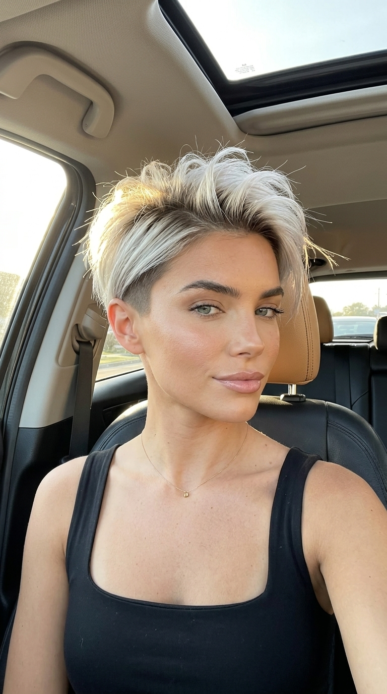 very short icy white-blonde pixie haircut with cool ash undertones, undercut, and textured top — bold look