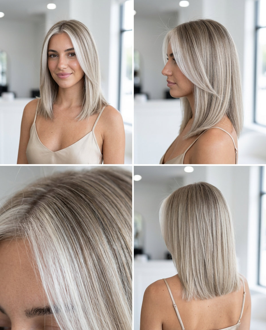 Scandi-Haze Highlights 2026 long piecey icy white blonde hairline with hazy neutral blonde interior, bold perimeter, for music festival