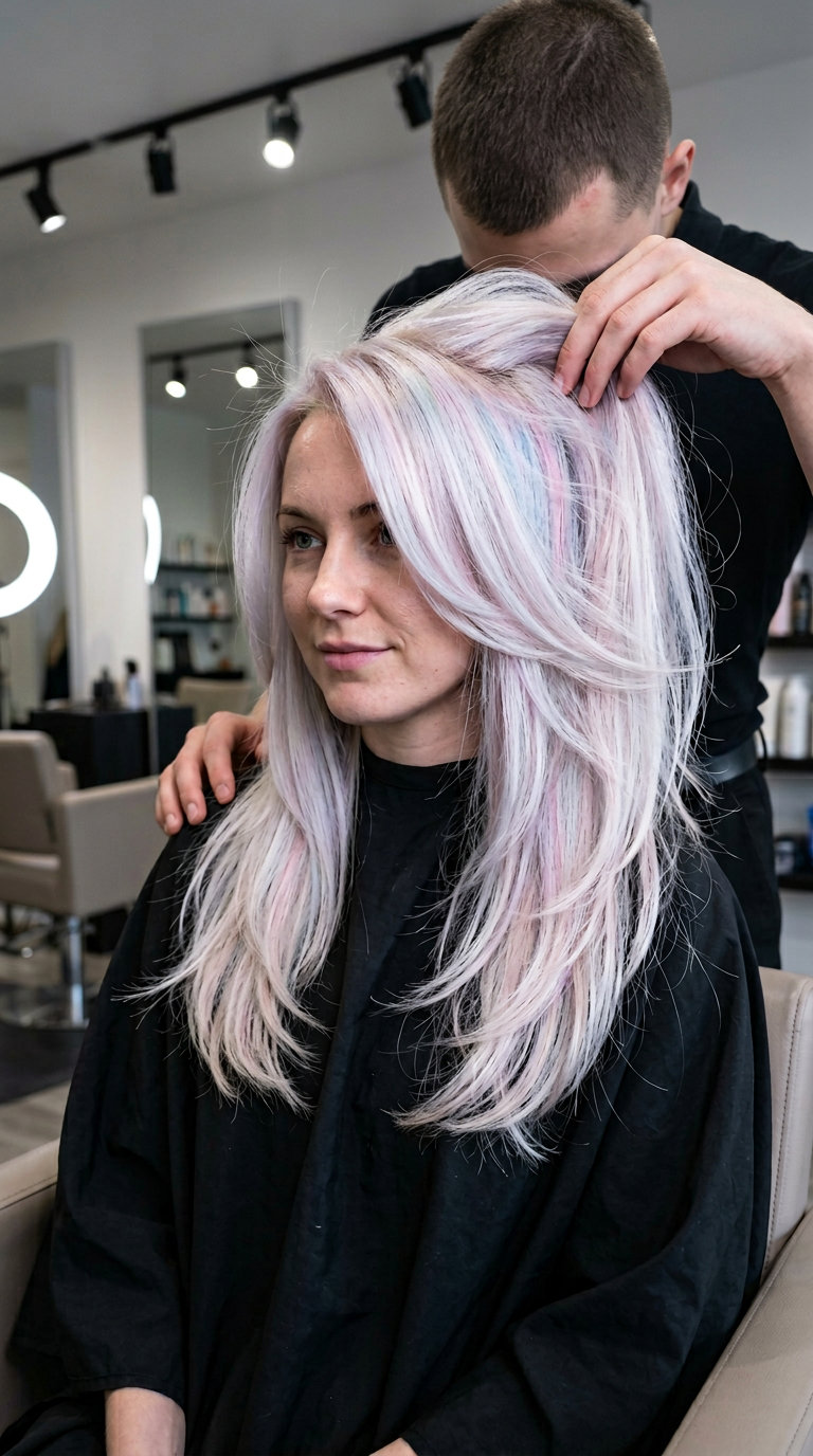 long icy blonde haircut with pink, blue, violet reflects, seamless face-framing layers — ethereal summer festival