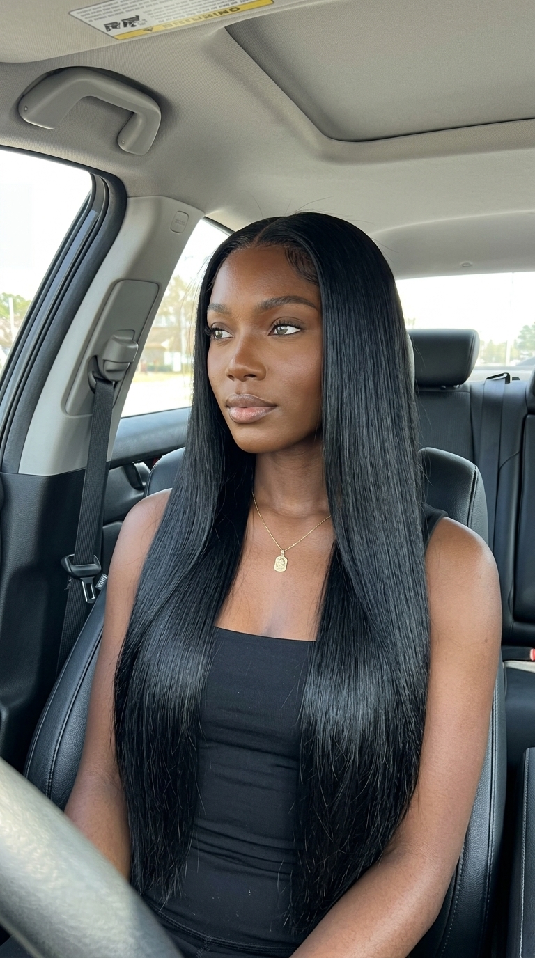 Midnight Cascade: Long Jet Black Haircut 2026 long blunt haircut in jet black with blue-black undertones, one-length cut, center part — bold and sophisticated