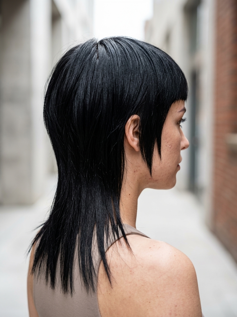 long jet black mullet with precise point-cutting and tapered sides