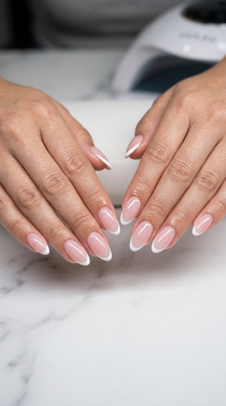 Ballet Slipper Jelly French manicure: sheer pink jelly with opaque white tips for weddings, bridal showers, and date nights. Summer trends 2026.
