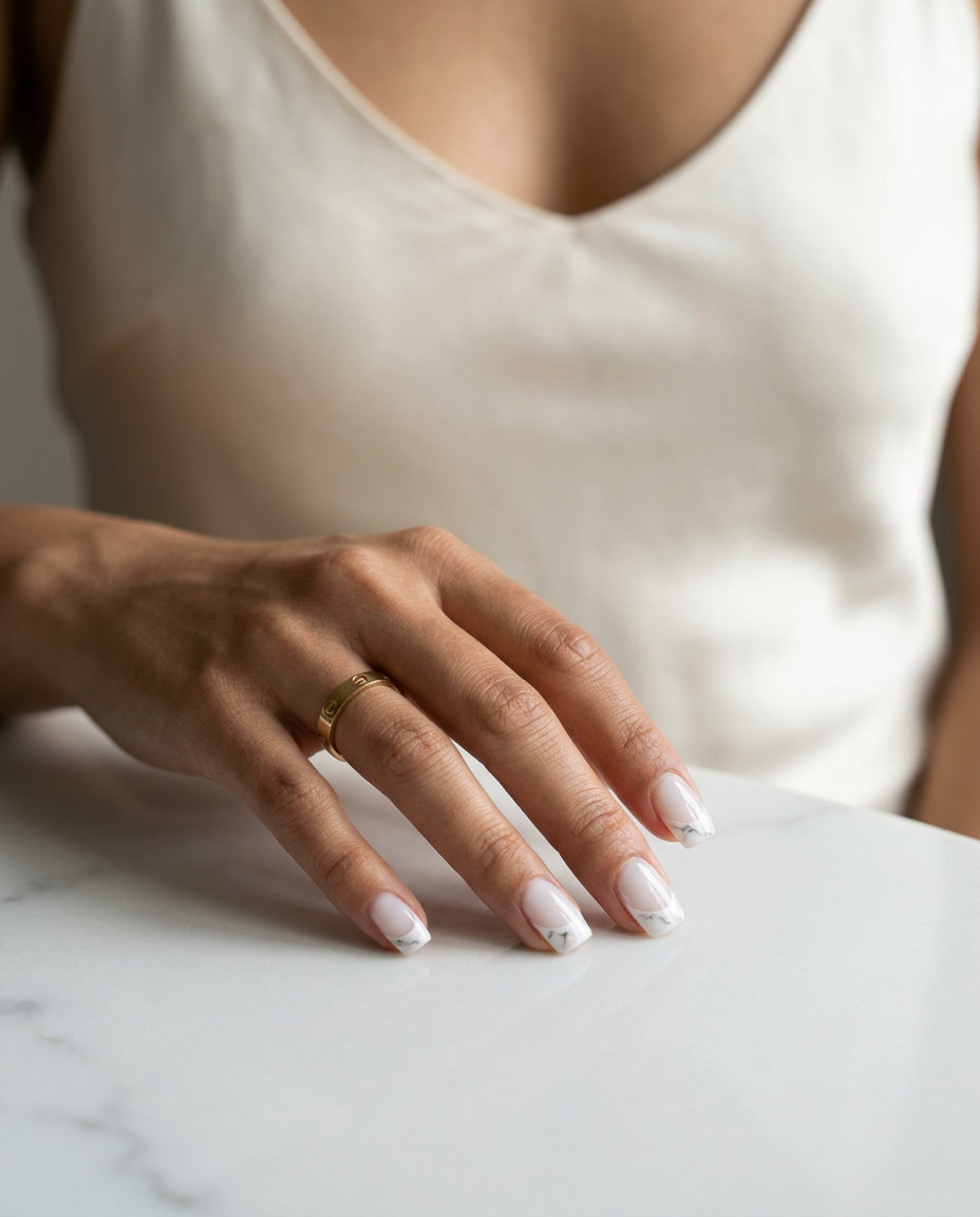 Chic Marble French Tip nails: sheer white with subtle grey marble for professional settings and weddings. Elegant and sophisticated. Summer trends 2026.