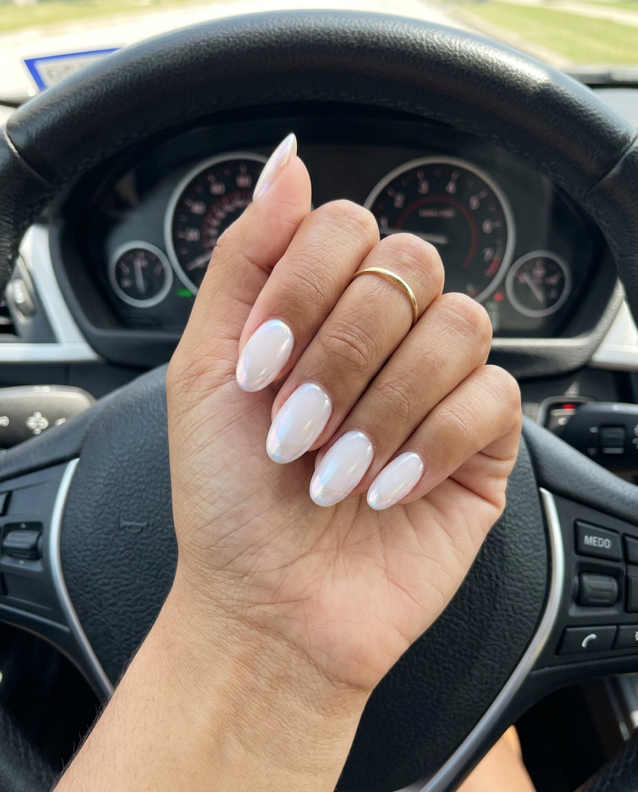 Luminous Pearl French Tip nails: milky white base with pearlescent shimmer tip for weddings and formal events. Summer trends 2026.