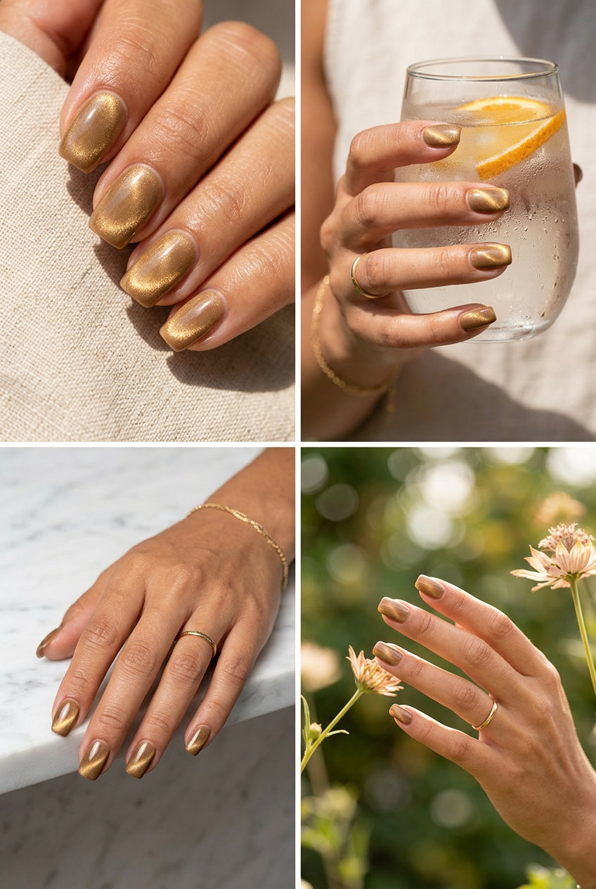 Mystic Nude Cat Eye nails: warm nude with golden-brown shift for daily wear and casual outings. Chic and sophisticated. Summer trends 2026.