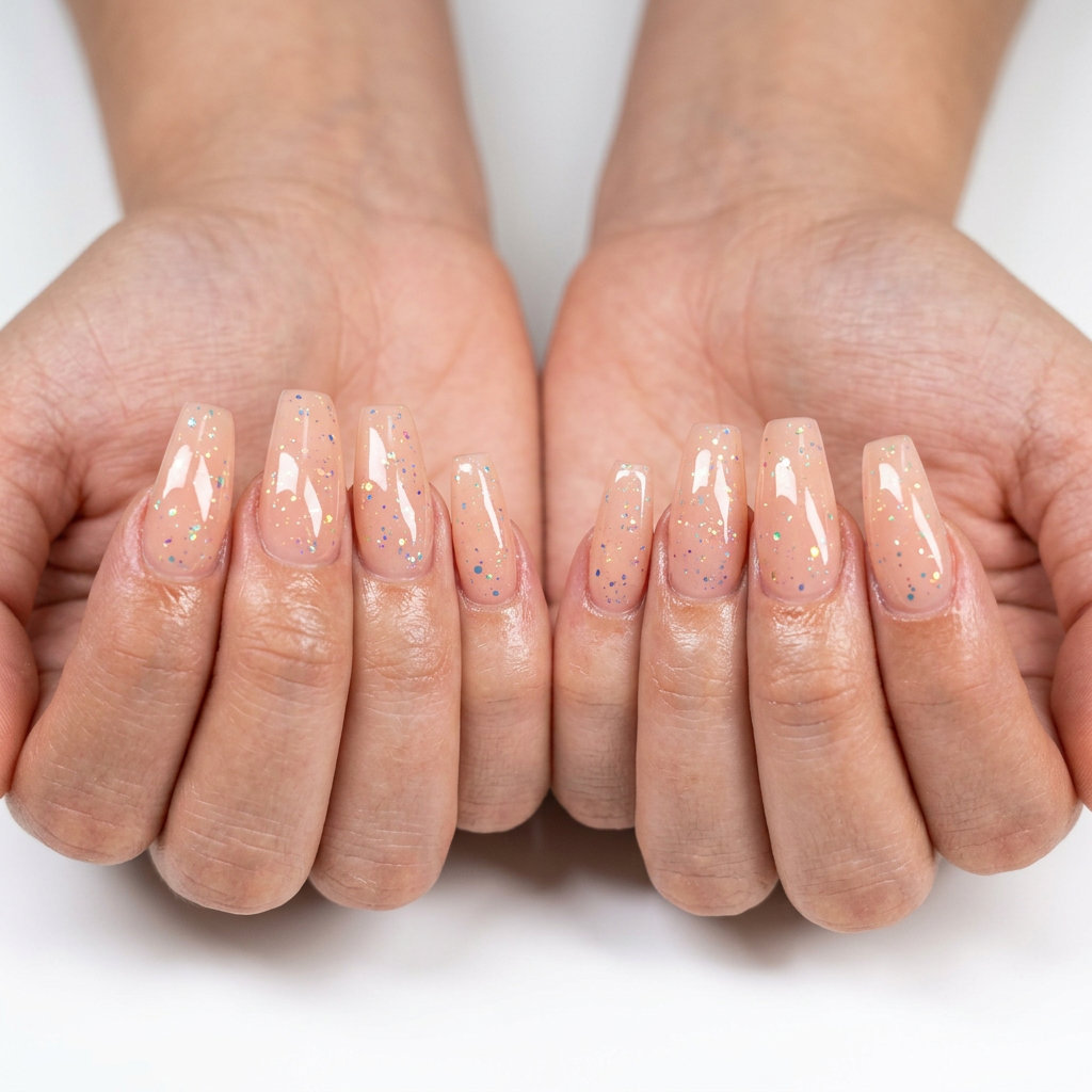 Peach Fuzz Glitter Confetti Coffin nails: milky peach with iridescent glitter for summer weddings and parties. Summer trends 2026.