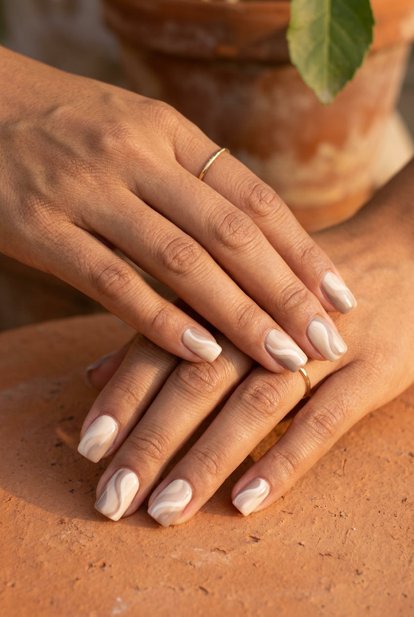 Abstract Nude Swirl Accent nails: nude, beige, cream swirls, matte finish, short square. June manicure ideas - summer trends 2026.