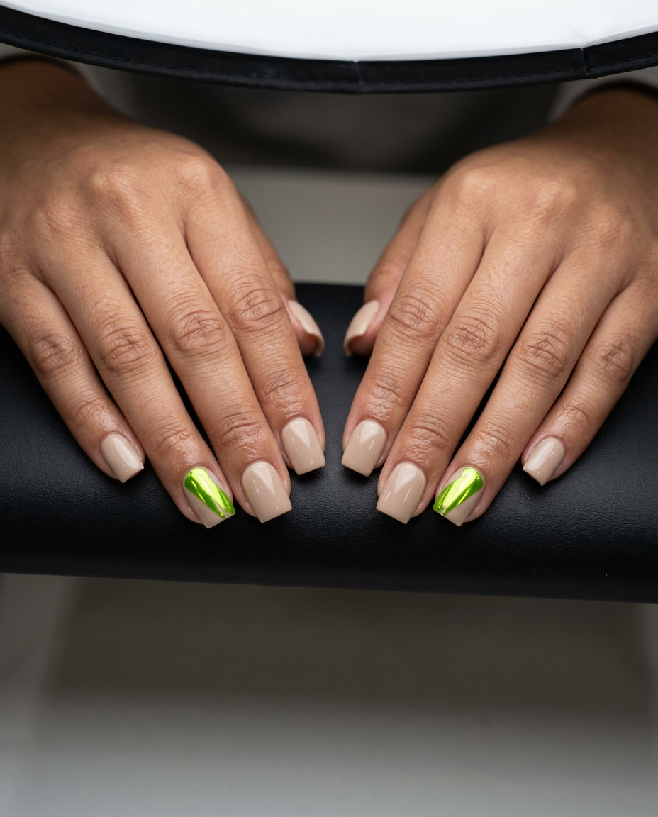Acid Green Chrome Accents nails: Edgy, modern manicure for street style or casual events. June manicure ideas - summer trends 2026.