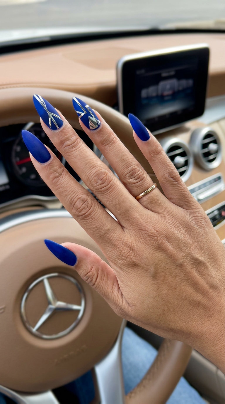 Cobalt Blue Velvet Geometric Art nails: Edgy, sophisticated manicure for evening events or art galleries. June manicure ideas - summer trends 2026.