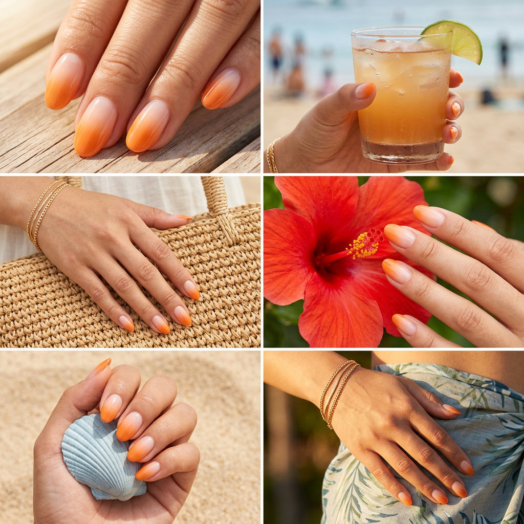 Desert Sunset Ombre nails: nude to warm orange gradient, soft square, summer vacation style. June manicure ideas - summer trends 2026.