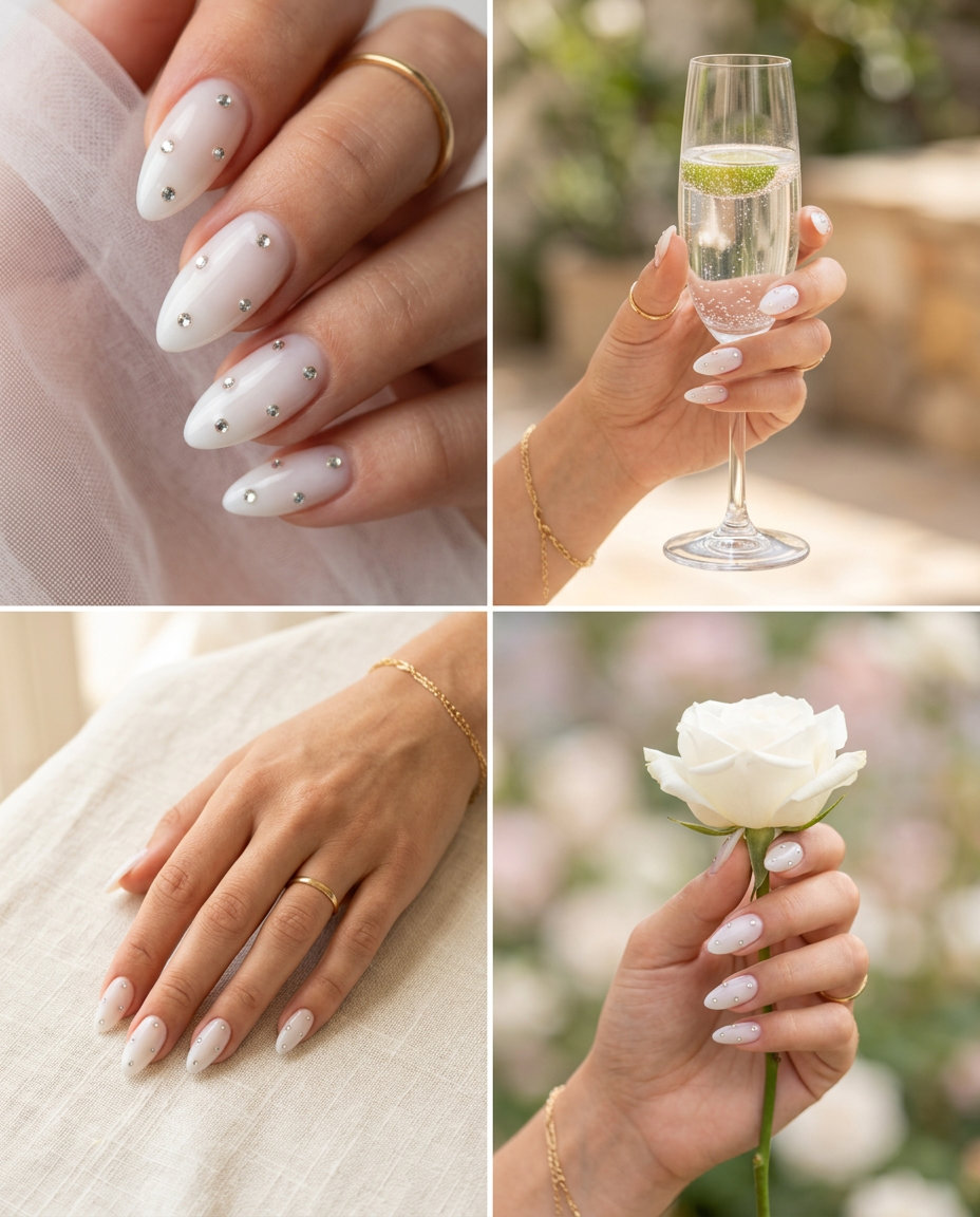 Diamond Dust Sheer White nails: Elegant, glamorous manicure for weddings or formal events. June manicure ideas - summer trends 2026.