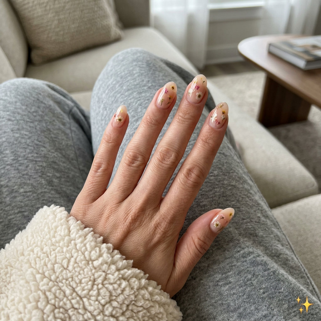 Peach Fuzz Floral Milk Bath nails: Romantic, ethereal manicure for wedding guest or summer brunch. June manicure ideas - summer trends 2026.
