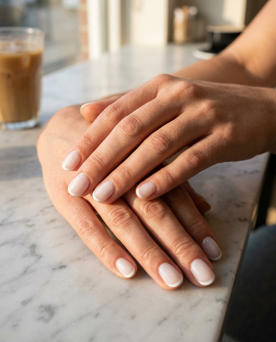 Sheer White Micro French Oval nails: milky white base, white tip, sophisticated. June manicure ideas - summer trends 2026.