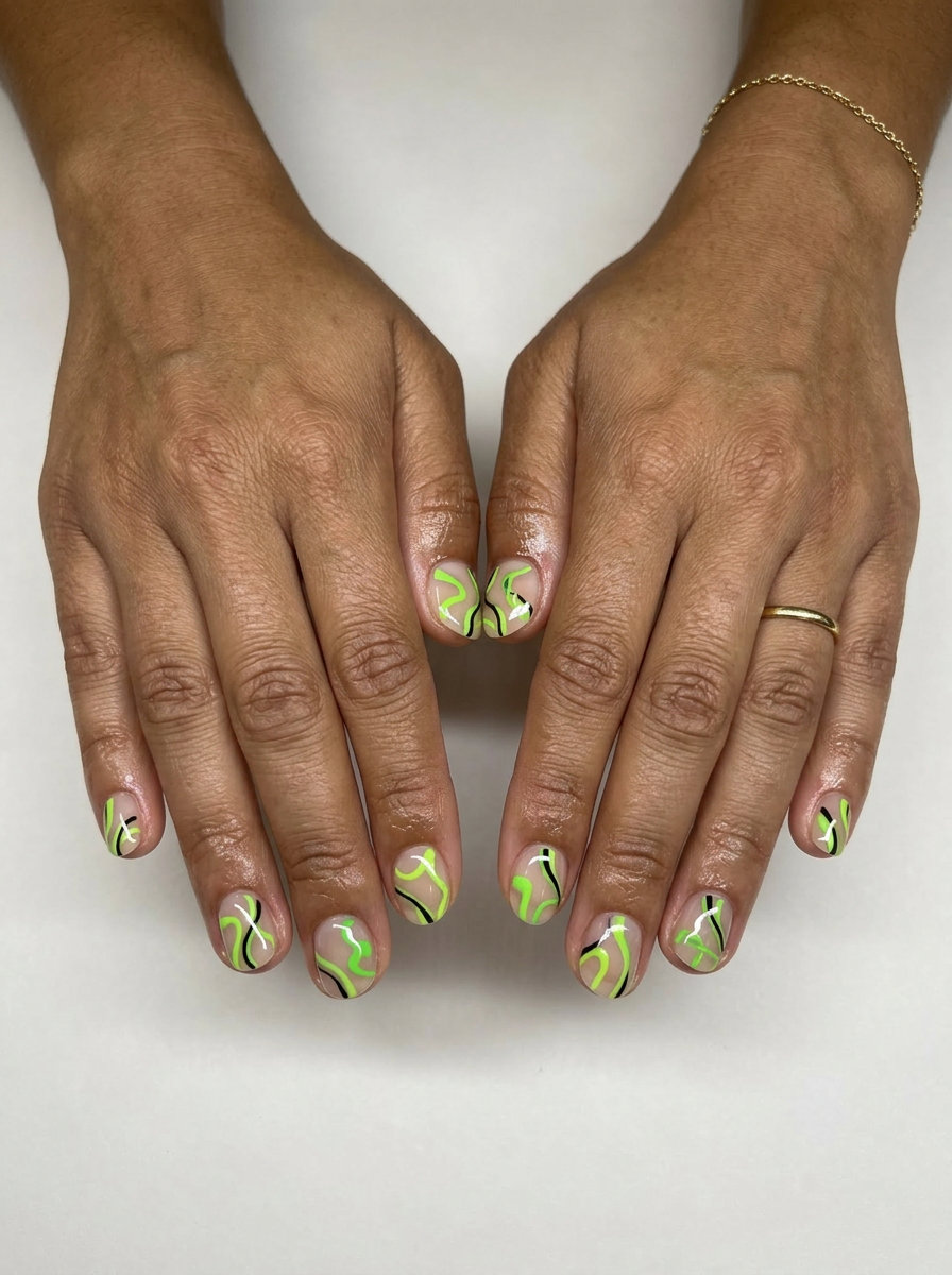 Zesty Abstract Lime Green Lines nails: Playful, artistic manicure for festivals or casual outings. June manicure ideas - summer trends 2026.