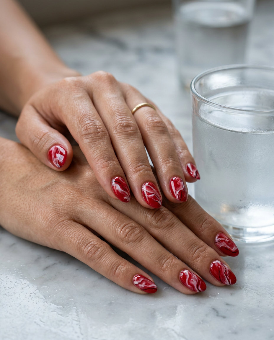 Classic red marble oval nails with black depth for date nights. June nails ideas - best for summer 2026.