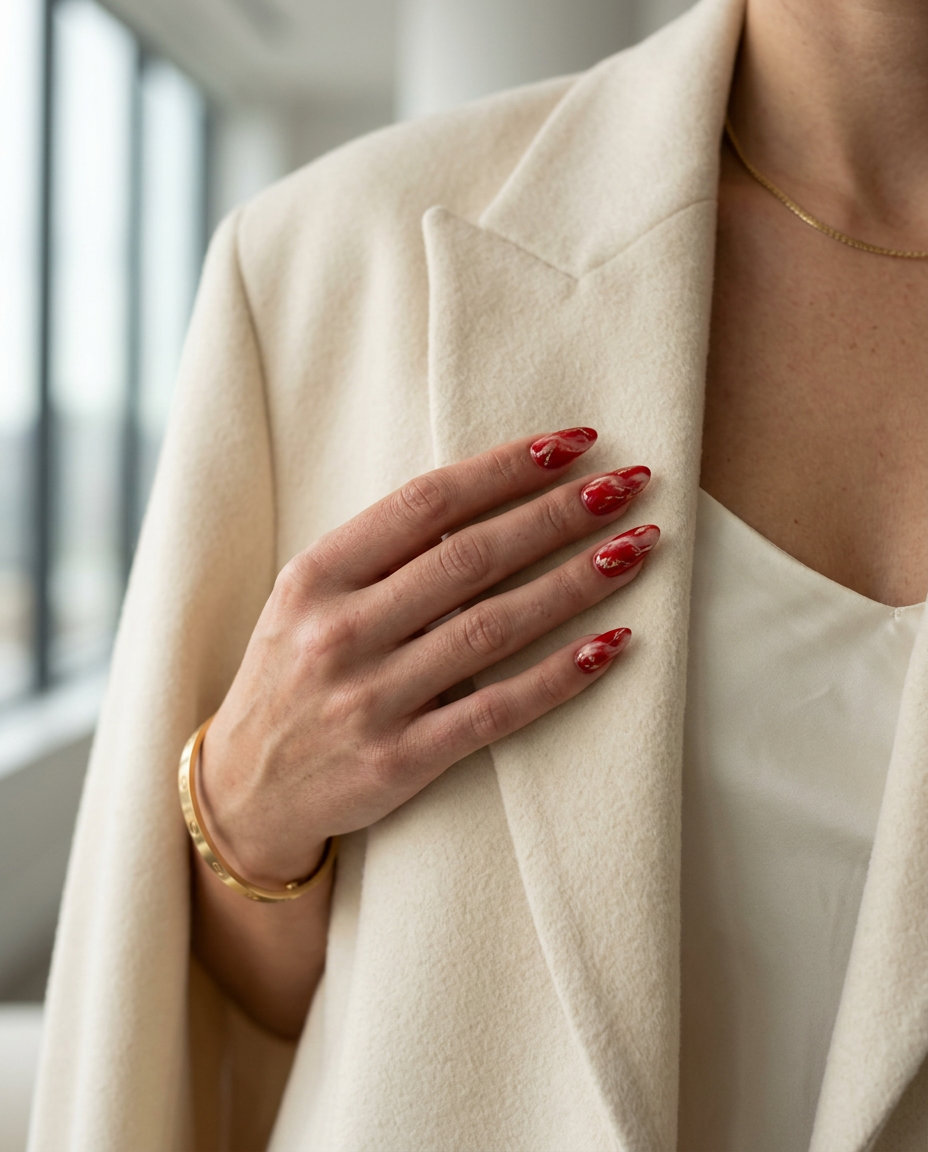 Classic red marble oval nails with gold foil for formal events. June nails ideas - best for summer 2026.