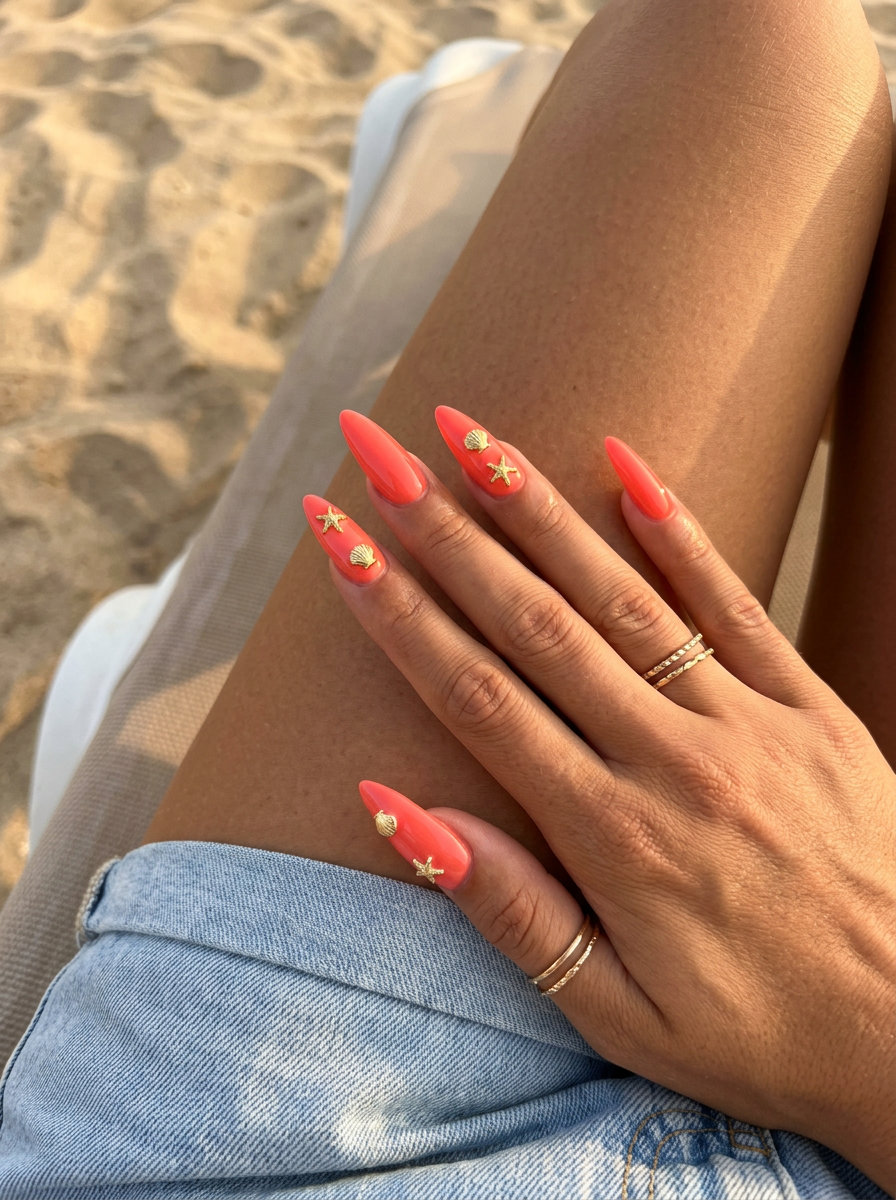 Coral Charm Queen nails: vibrant coral stiletto with gold charms, perfect for summer parties and festivals.