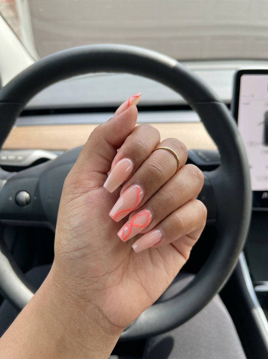 Modern coral line art detail nails for daily wear and casual events. June nails ideas - best for summer 2026.