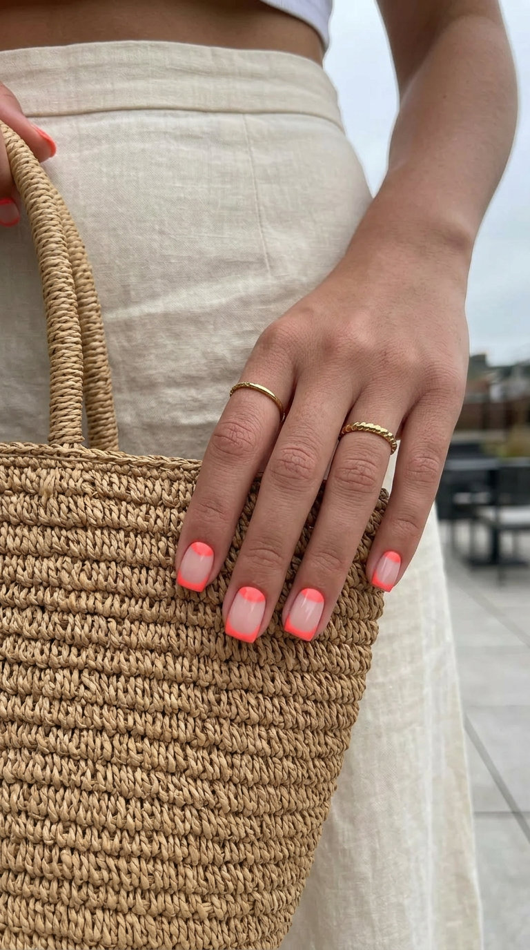 Coral moon reverse French nails for summer vacation. June nails ideas - best for summer 2026.
