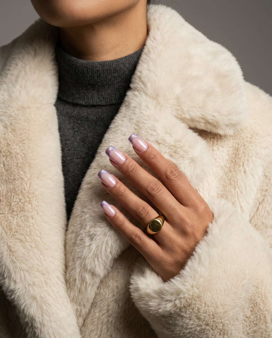 Lavender Chrome French nails: futuristic metallic lavender tips on a sheer base, ideal for parties and evening events.