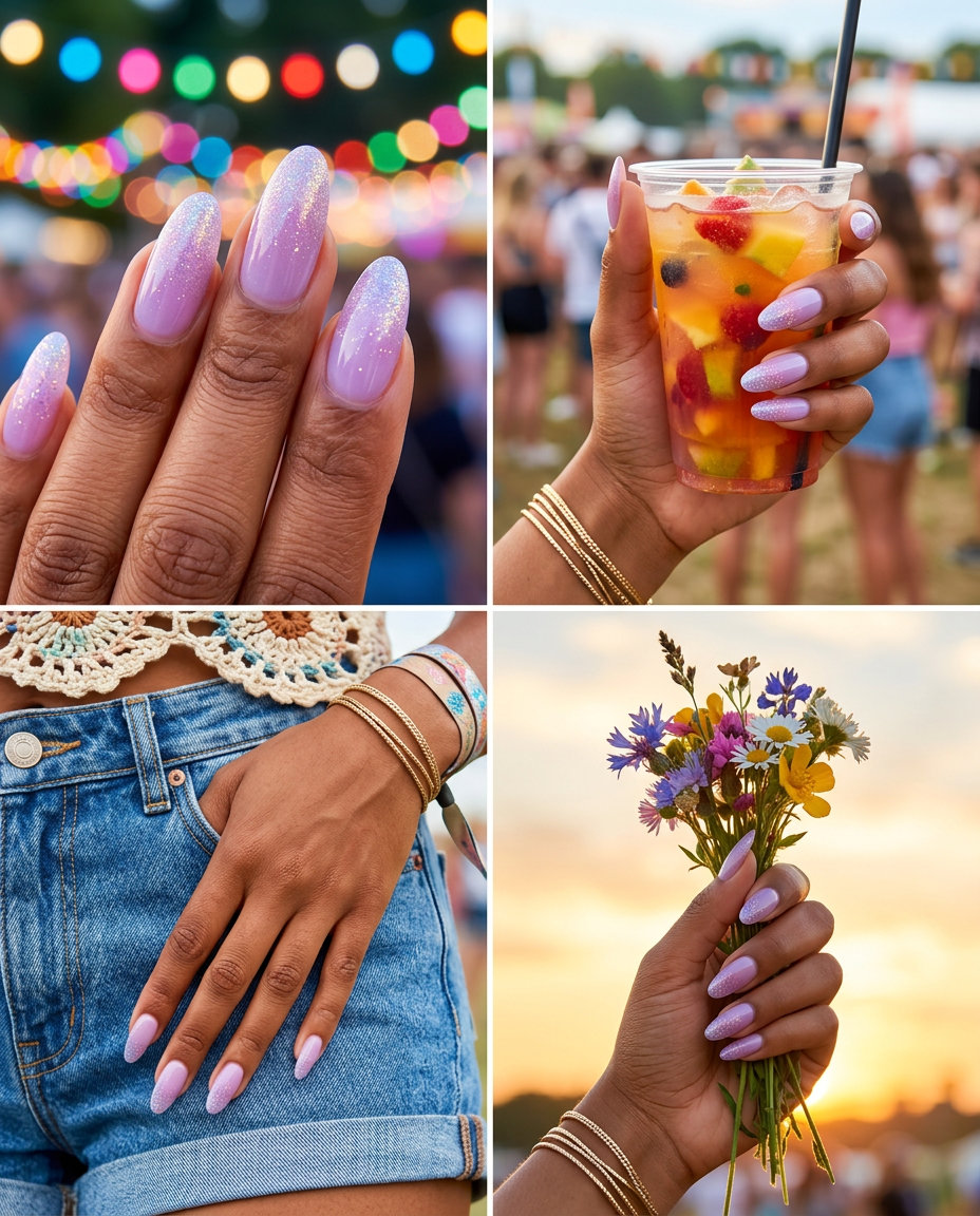 Dreamy lavender glitter sky nails for festivals and evening parties. June nails ideas - best for summer 2026.
