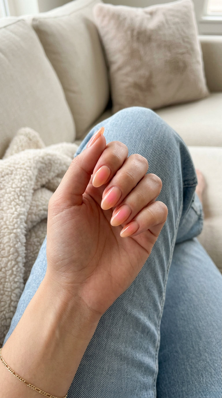 Romantic peachy aura glow nails for date night and wedding guests. June nails ideas - best for summer 2026.