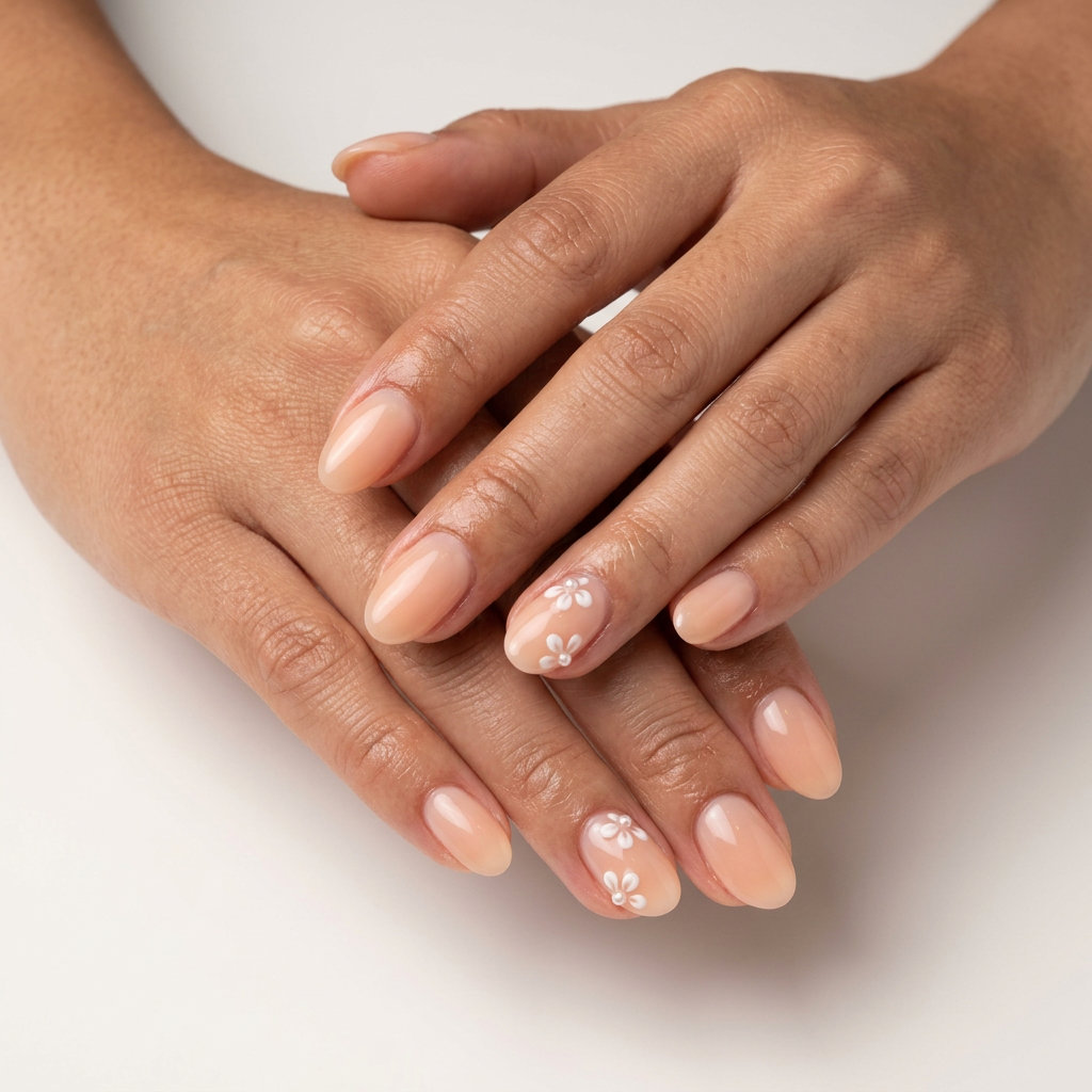Peachy milk bath almond nails with floral accents for weddings. June nails ideas - best for summer 2026.