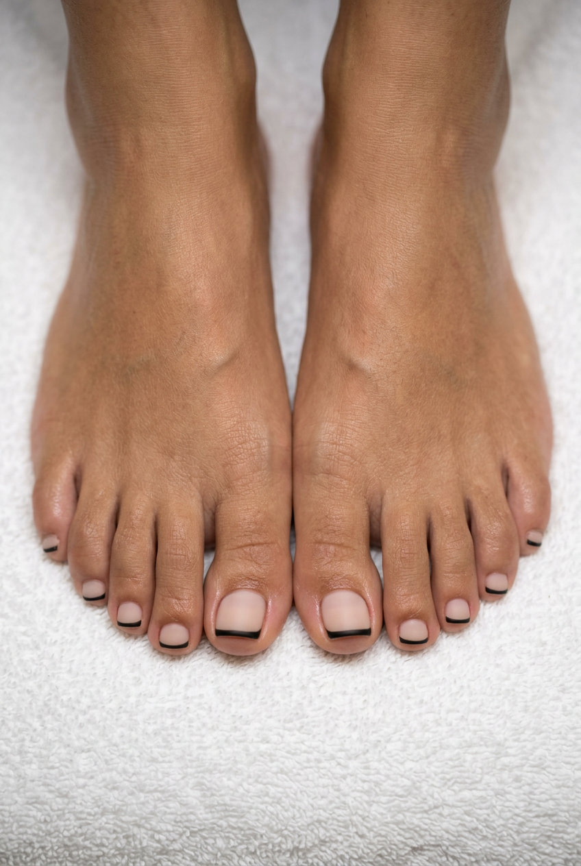 Matte black micro French pedicure for summer trends 2026. Edgy night out look.