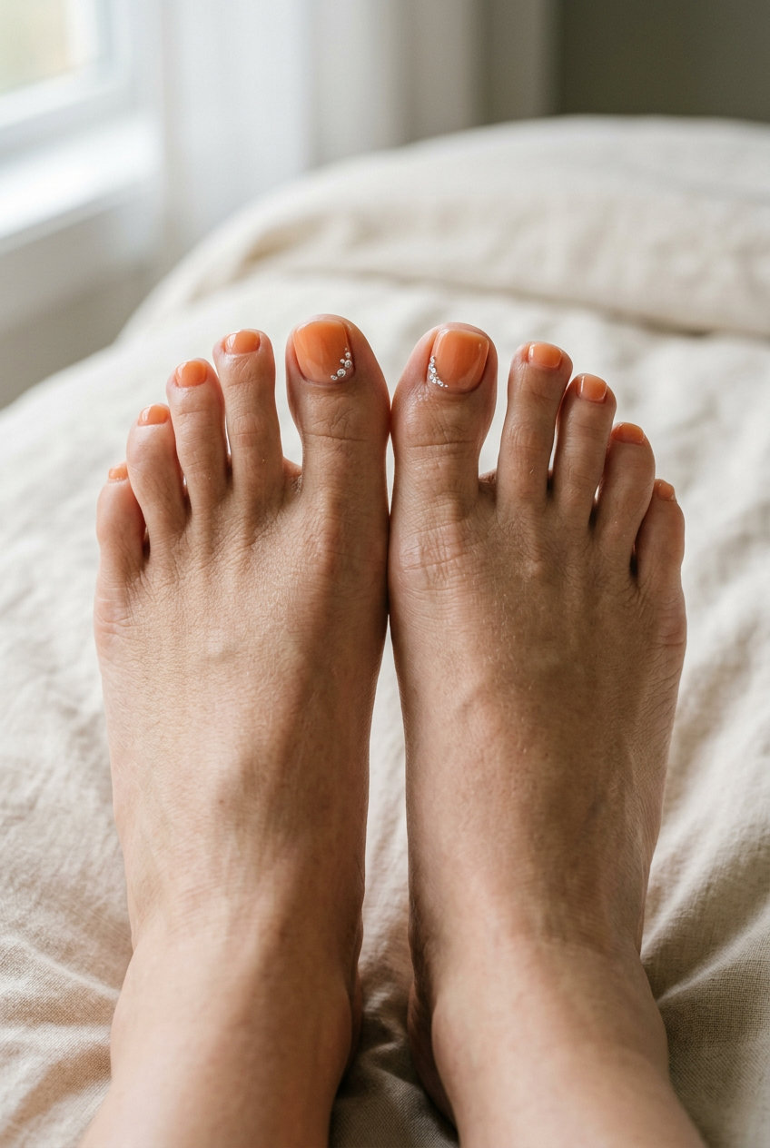 Sheer coral with rhinestone dewdrops pedicure for summer trends 2026. Elegant wedding guest style.