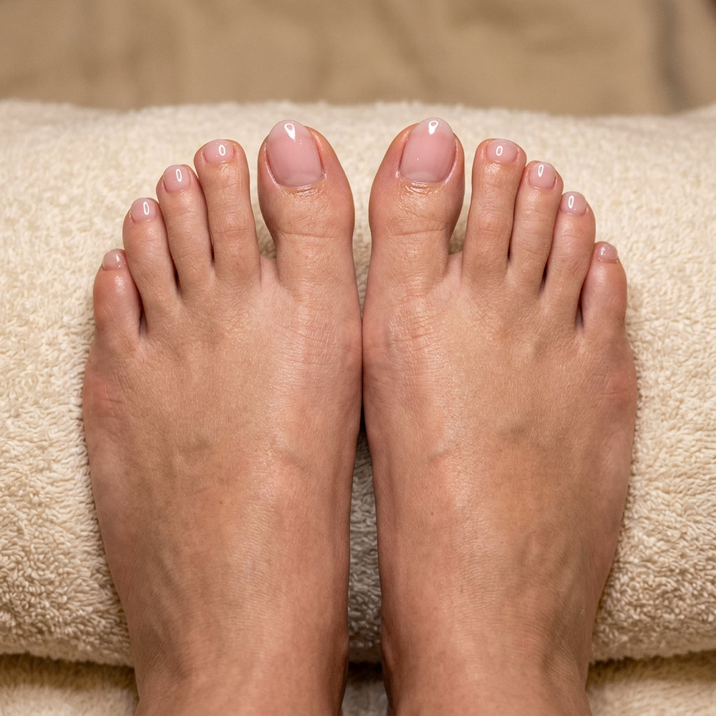 Milky Pink Jelly Almond Pedicure: sheer pink, high-gloss finish. Summer trends 2026.