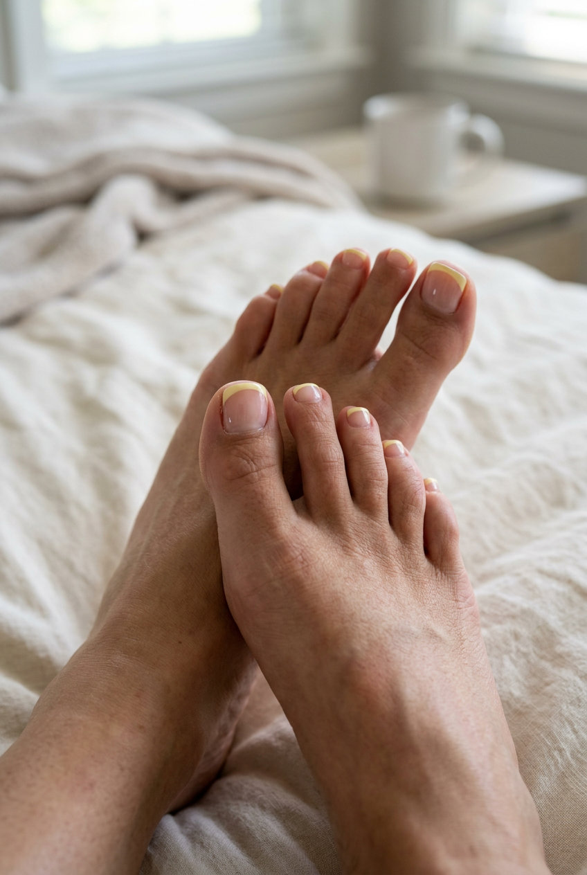 Butter Yellow Classic French toenails for summer 2026. Sunny, sophisticated style for picnics.