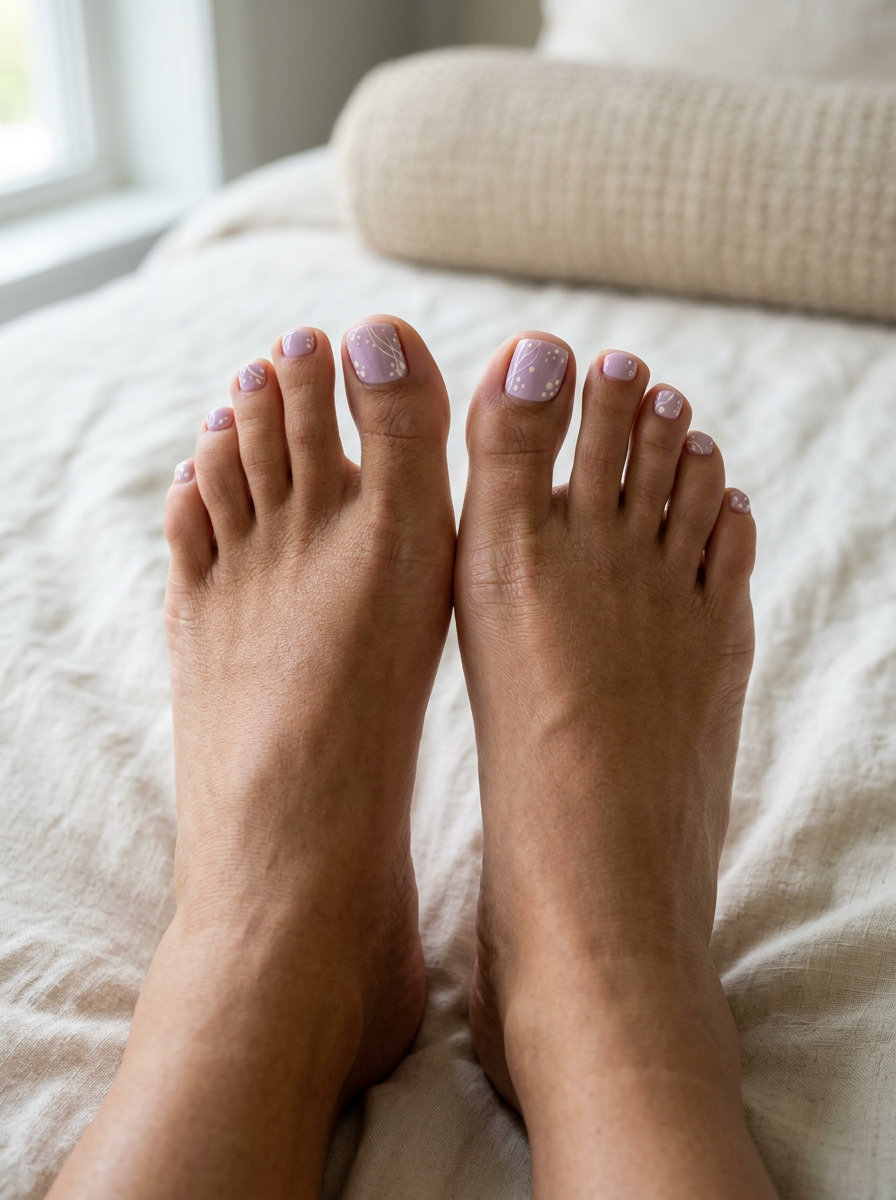 June toe nails ideas: Lilac dot & line art squoval toenails for garden party 2026. Whimsical, playful, artsy style.