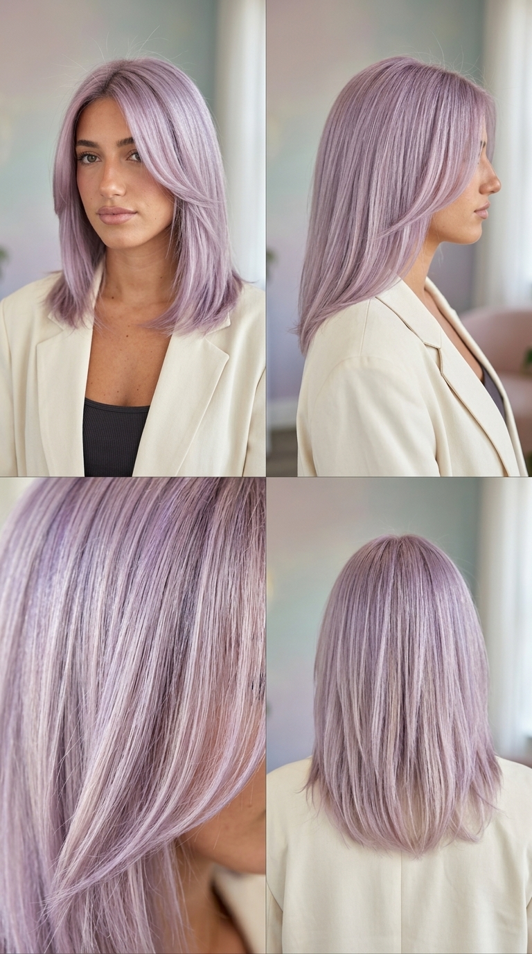 Lavender Mist Watercolor Glaze Hair Color 2026 long pastel lavender haircut with watercolor glaze, sheer wash, no fringe — playful festival look