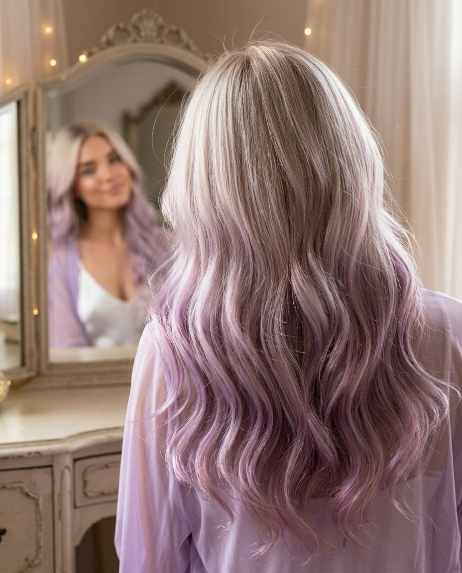 Whimsical Lilac Cascade: Long Summer Haircut 2026 long lilac ombré haircut with soft layers and face-framing pieces for volume