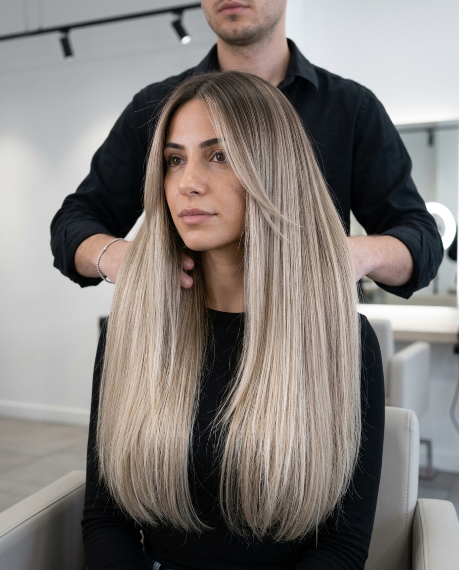 long one-length balayage with linen beige blonde and pearl gloss, seamless melt for luxury
