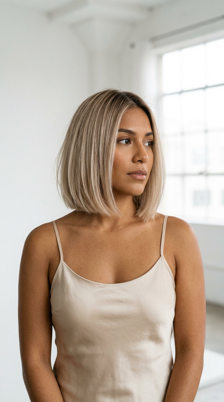 Aero-Bob: Humidity-Proof Linen Blonde Cut 2026 chin-length linen blonde bob with ash root smudge and pearl highlights for summer