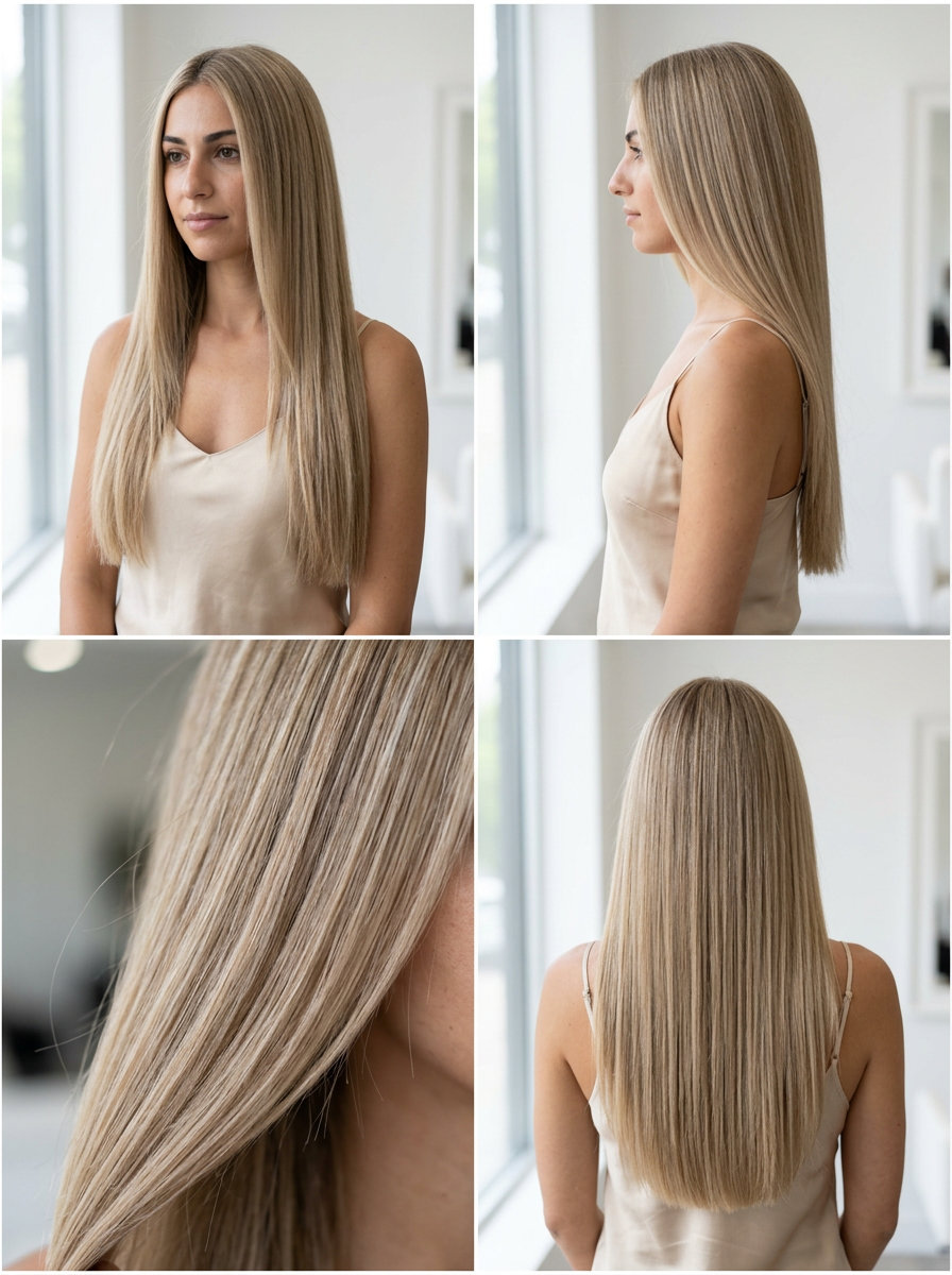 Linen Blonde Blunt Long Hair 2026 long blunt haircut in neutral sandy blonde with beige babylights, hydro-trimmed ends — minimalist, clean