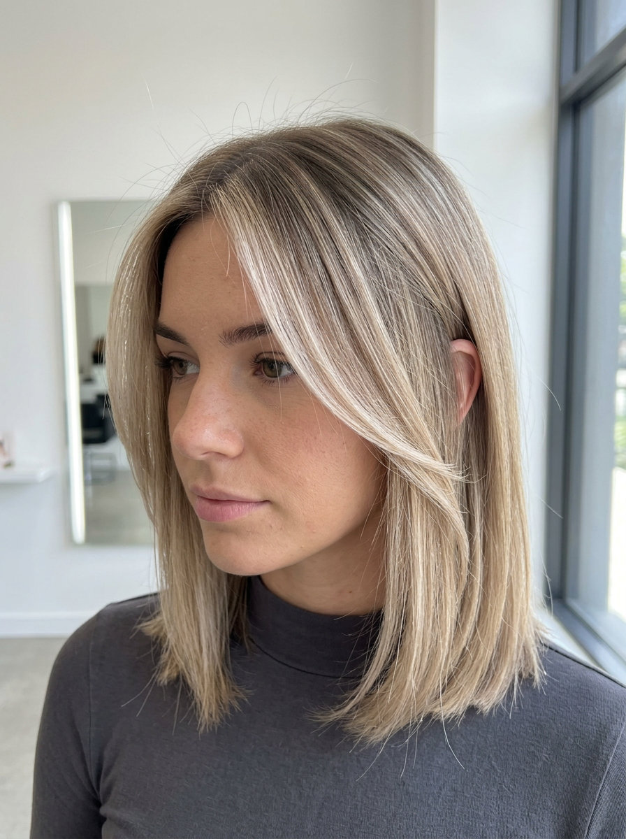 long layers linen blonde with ash-brown root and face-framing, minimalist and sophisticated