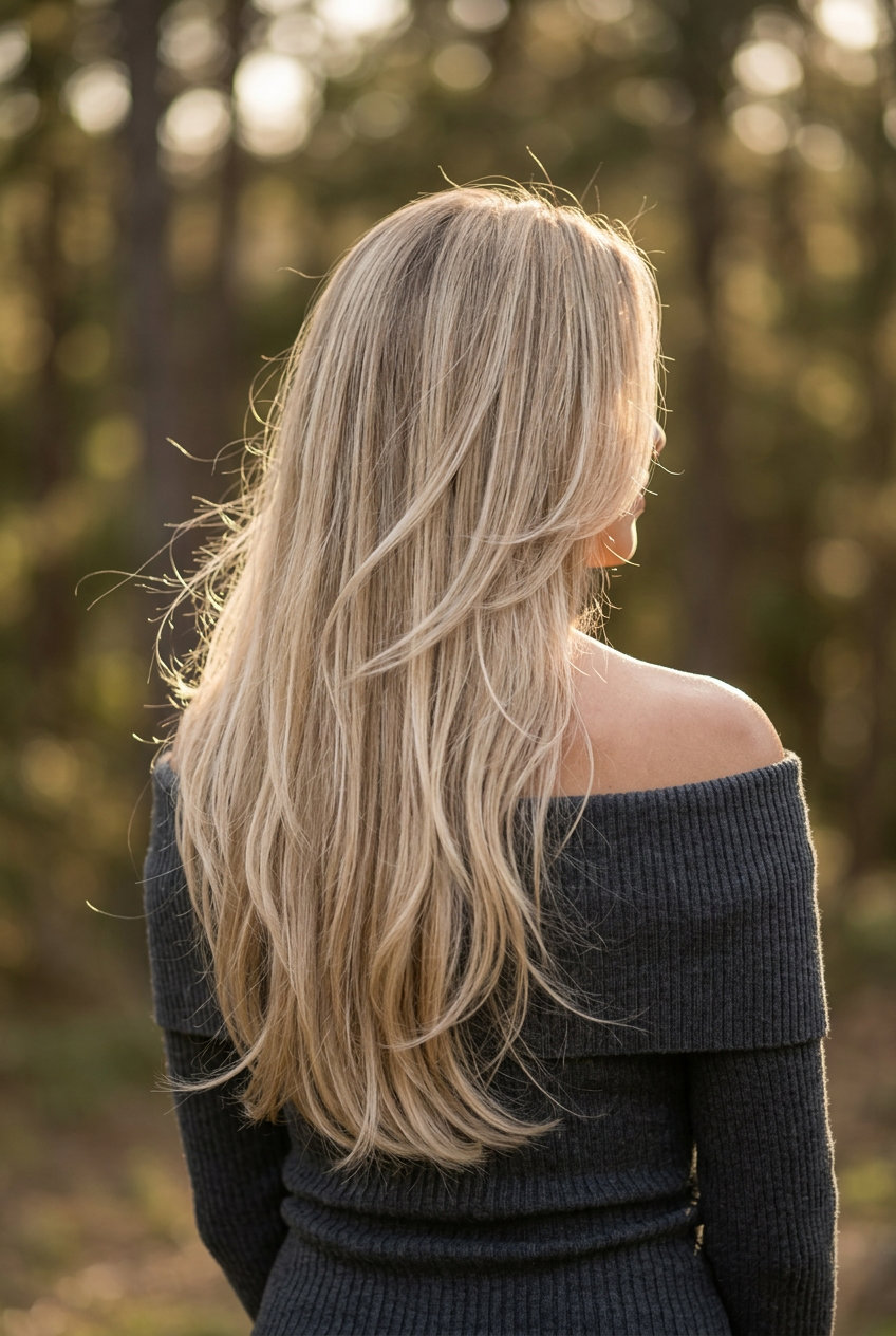 Linen Blonde Layered Long Hair 2026 long layered haircut in neutral sandy linen blonde with root smudge, subtle blended layers — effortless, natural