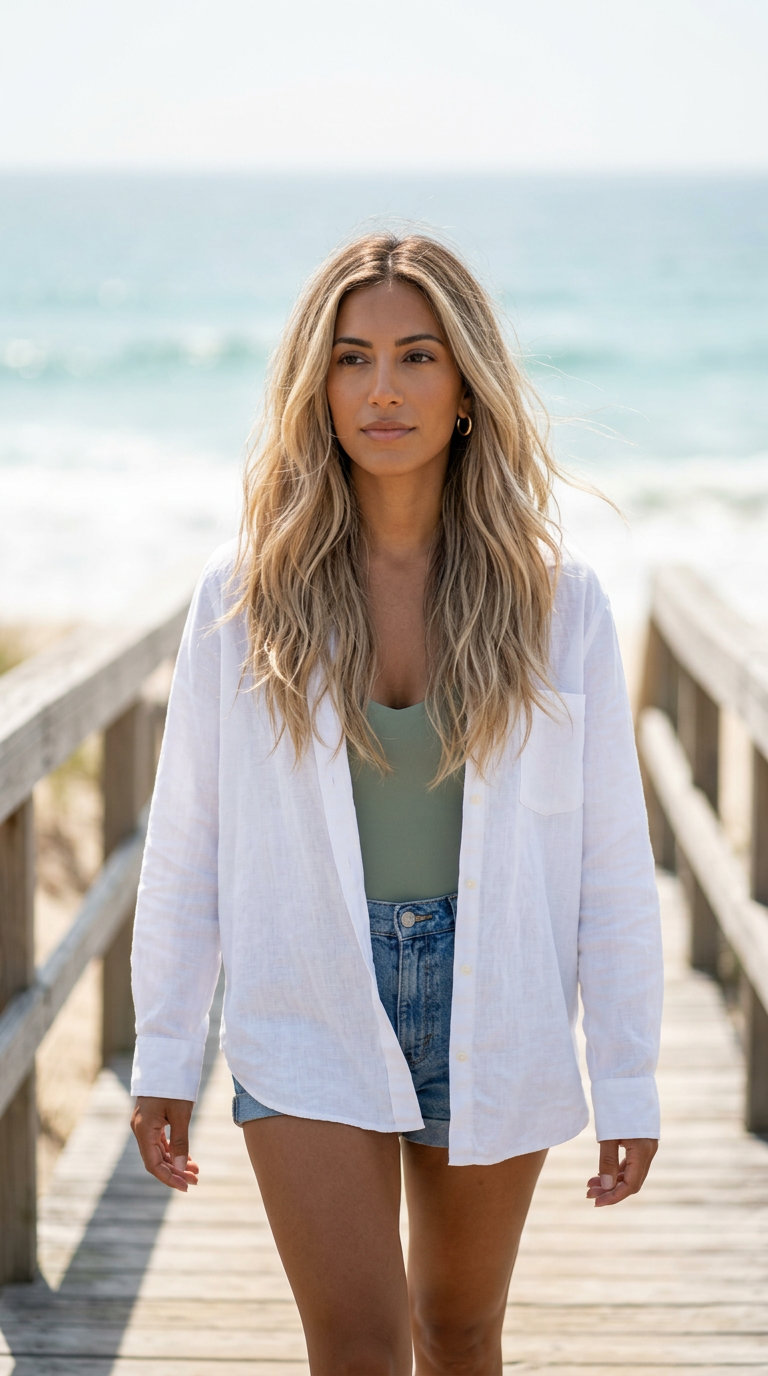 Sun-Drenched Coastal Layers Hairstyle 2026 long linen blonde hairstyle with V-cut layers and neutral root smudge for summer