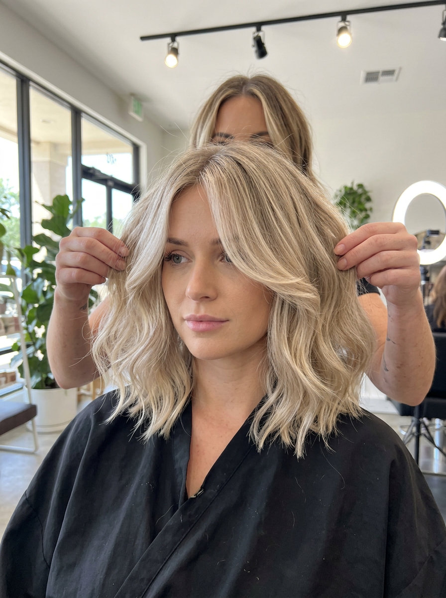 Sun-Kissed Flutter Bob: Linen Blonde Summer Hair 2026 medium-length linen blonde bob with beige babylights and wispy face-framing layers for summer