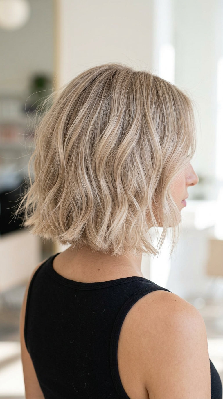 short wavy bob haircut with linen blonde, diffused layers for effortless style