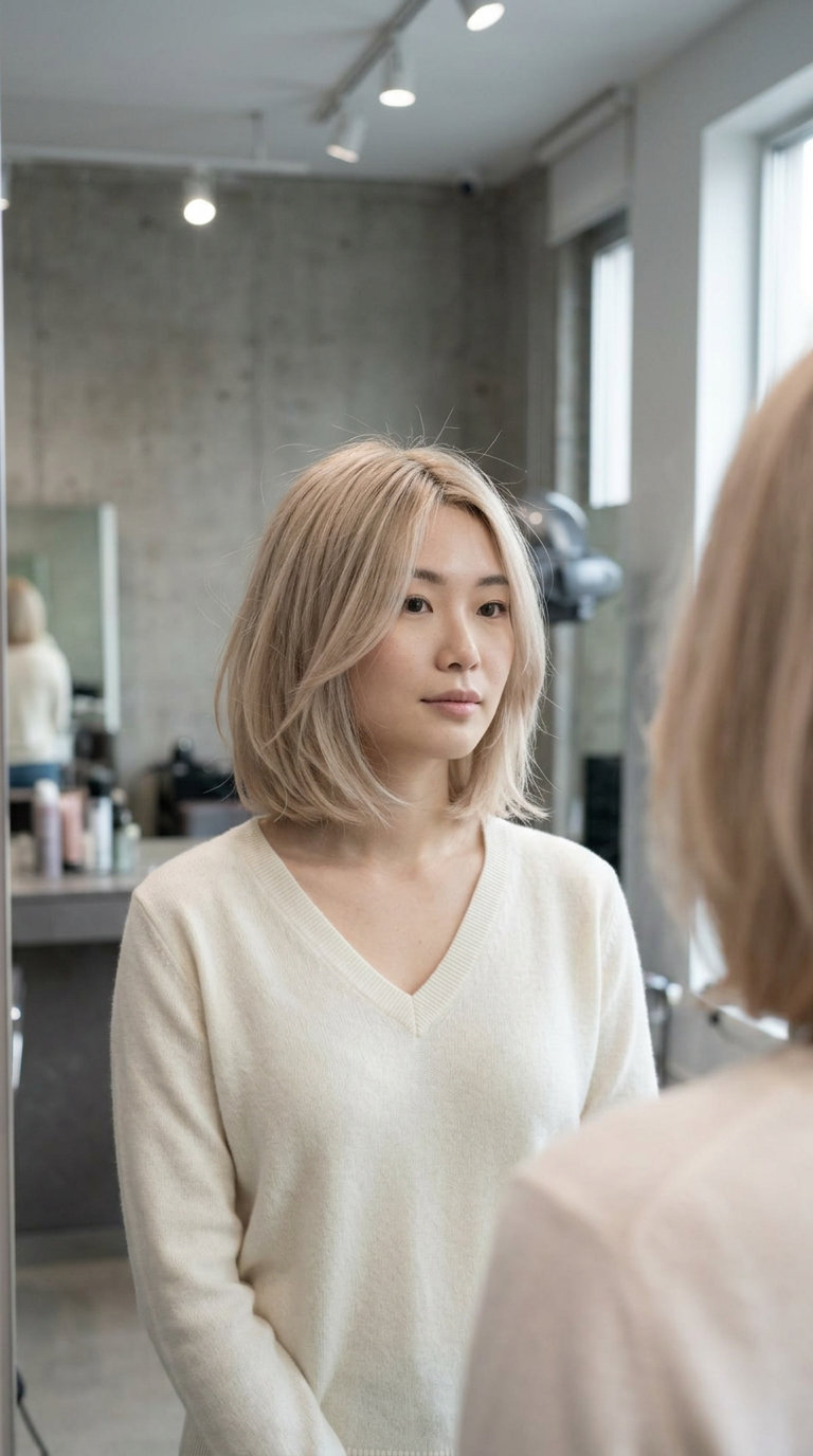 short cloud bob haircut in Linen Blonde with cream root smudge and diffused ends for ethereal softness
