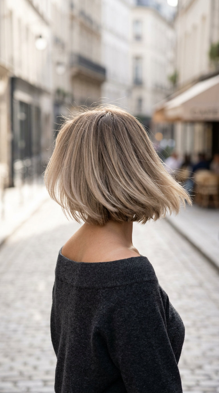 Linen Blonde French Bob 2026 short french bob haircut in linen blonde with ash undertones, face-framing layers, wispy fringe — effortless chic