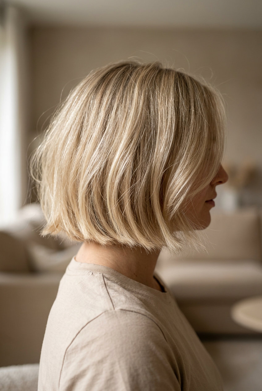 short Italian bob haircut in Linen Blonde with soft internal layers and volume for chicness